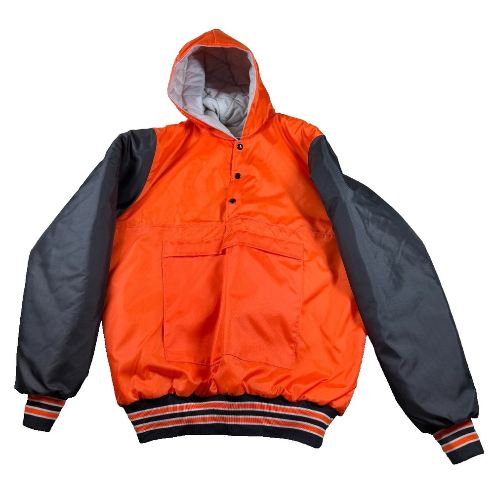 Vtg Eagle Athletic Montana‎ Hooded Jacket Orange Black XL Quilted USA Made
